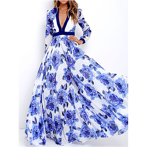 

Women's Swing Dress Maxi long Dress Blue Long Sleeve Floral Print Fall V Neck Elegant Casual 2021 S M L XL XXL 3XL