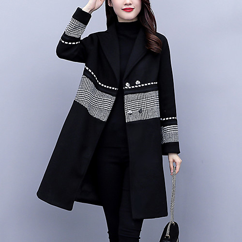 

Women's Pea Coat Work Fall & Winter Regular Coat Regular Fit Streetwear Jacket Long Sleeve Color Block Patchwork Black