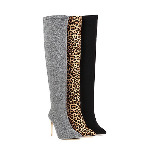

Women's Boots Stiletto Heel Pointed Toe Party & Evening Home Faux Leather PU Leopard Black Silver