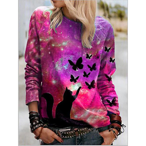 

Women's T shirt Galaxy Cat Butterfly Long Sleeve Print Round Neck Basic Tops Blue Purple Green