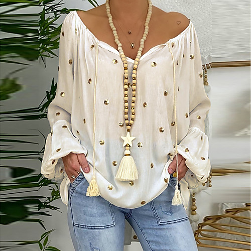 

Women's Tunic Polka Dot Long Sleeve Cut Out Print V Neck Tops White Black