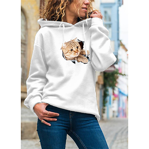 

Women's Hoodie Pullover Cat Graphic 3D Daily Basic Casual Hoodies Sweatshirts White