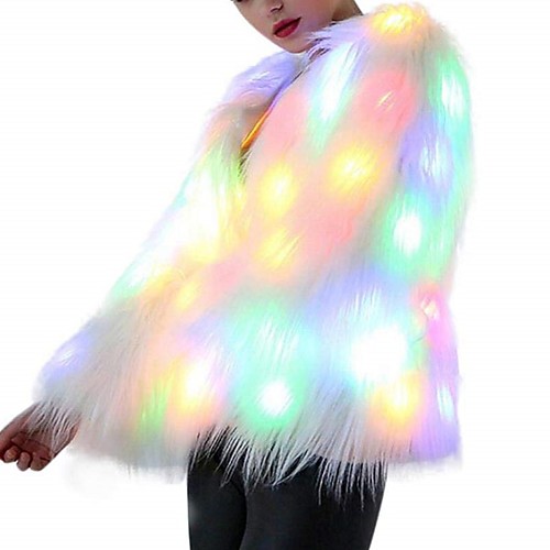 

LED Faux Fur Coat Women Clothing Multi-Color Warm Hoodie Vest with Shiny Lights Jacket Light Up Costume for Christmas Gift Outwear Luminous Battery Powered