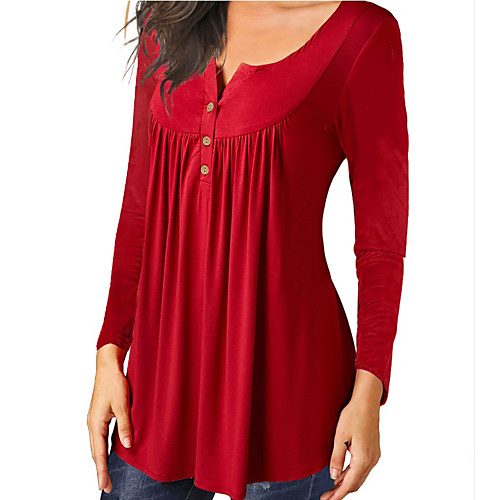 

Women's T shirt Plain Long Sleeve Button Round Neck Tops Basic Basic Top White Black Blue