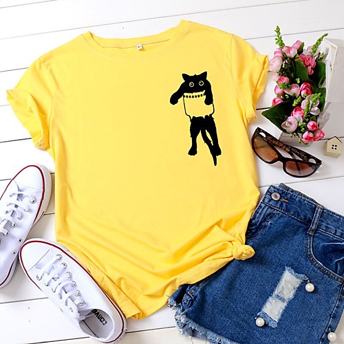 

Women's T shirt Cat Graphic Text Print Round Neck Tops 100% Cotton Basic Basic Top White Black Yellow