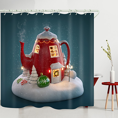 

Christmas Teapot Digital Printing Shower Curtain Shower Curtains Hooks Modern Polyester New Design