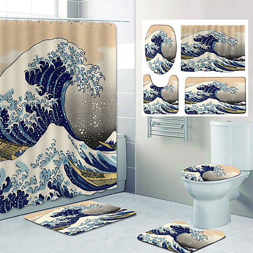 

Wave Pattern Printing Shower Curtain Set with Hooks and Mats Four-Piece Machine Made for Bathroom Decor