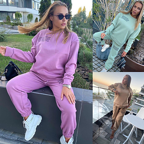 

Women's 2 Piece Tracksuit Sweatsuit Street Athleisure 2pcs Winter Long Sleeve Spandex Breathable Soft Fitness Gym Workout Running Jogging Training Sportswear Sweatshirt Purple Pink Khaki Green