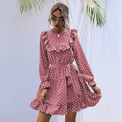 

Women's A Line Dress Short Mini Dress Blushing Pink Royal Blue Long Sleeve Polka Dot Lace up Print Winter Round Neck Casual 2021 S M L XL / Cotton / Cotton
