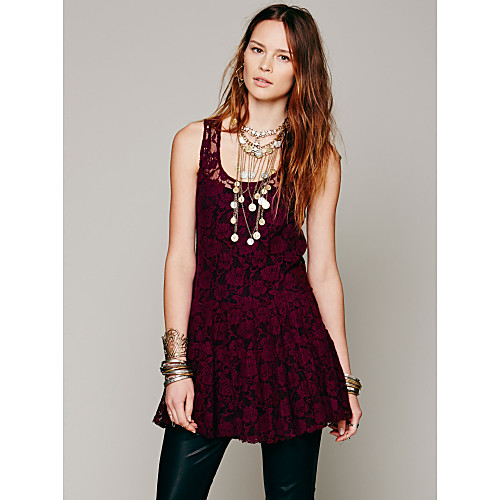 

Women's A Line Dress Short Mini Dress Wine Sleeveless Solid Color Embroidered Lace Fall Round Neck Hot Casual 2021 S M L XL
