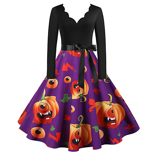 

Women's Swing Dress Knee Length Dress Blue Purple Blushing Pink Black Red Long Sleeve Print Patchwork Bow Fall Winter V Neck Vintage Sexy Halloween Slim 2021 S M L XL XXL