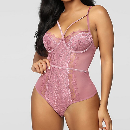 

Women's Lace Plus Size Super Sexy Bodysuits Nightwear Solid Colored Blushing Pink / White / Black M XL 3XL