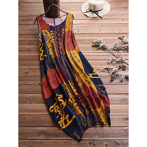 

Women's Swing Dress Midi Dress Blue Yellow Red Sleeveless Print Patchwork Print Fall Spring Boat Neck Elegant Vintage Party Going out 2021 M L XL XXL 3XL 4XL 5XL / Plus Size / Plus Size