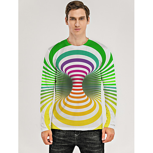 

Men's T shirt 3D Print Graphic Optical Illusion 3D Print Long Sleeve Daily Tops Green / White