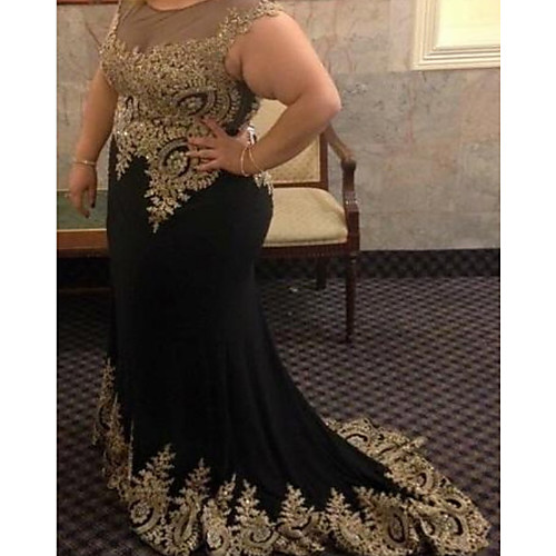 

Mermaid / Trumpet Plus Size Sexy Engagement Formal Evening Dress Illusion Neck Sleeveless Court Train Stretch Satin with Appliques 2021