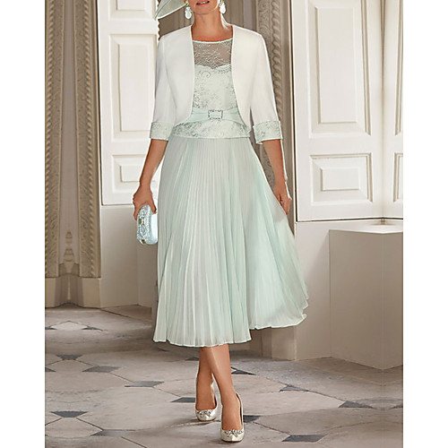 

Two Piece A-Line Mother of the Bride Dress Elegant Jewel Neck Knee Length Chiffon Lace Half Sleeve with Pleats Appliques 2021