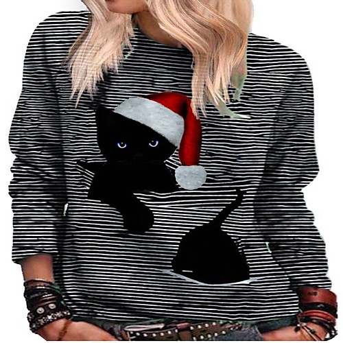 

Women's Christmas Tunic Striped Cat Animal Long Sleeve Print Round Neck Basic Christmas Tops Cotton Black Blue Red