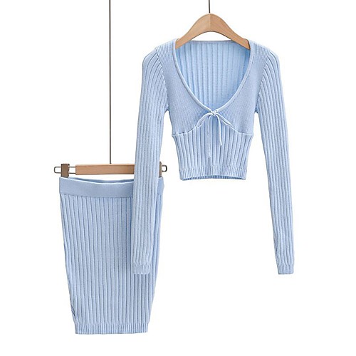 

Women's Solid Color Two Piece Set Sweater Skirt Drawstring Bow Tops