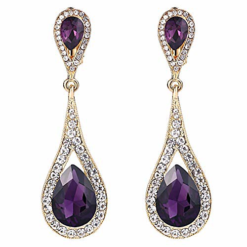

women's austrian crystal dual tear drop clip-on dangle earrings purple gold-tone