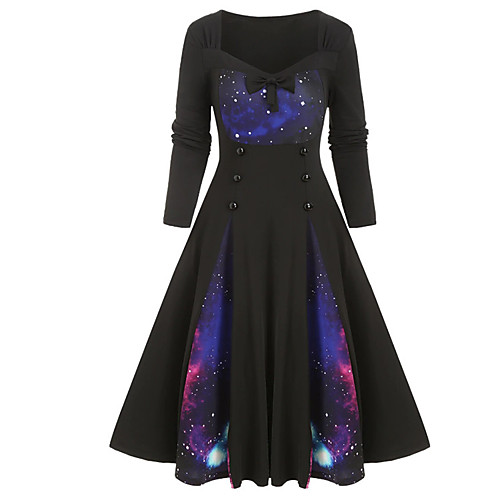 

Women's Swing Dress Midi Dress Black Long Sleeve Print Patchwork Print Fall Winter Square Neck Casual Christmas 2021 S M L XL XXL 3XL 4XL 5XL / Plus Size