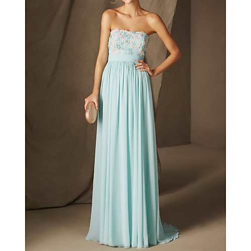 

Sheath / Column Elegant Floral Engagement Formal Evening Dress Strapless Sleeveless Sweep / Brush Train Chiffon with Pleats Appliques 2021