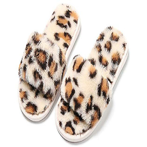 

girls fuzzy slippers soft plush open toe fluffy toddler house slippers leopard slip-on slippers memory foam slide slippers beige