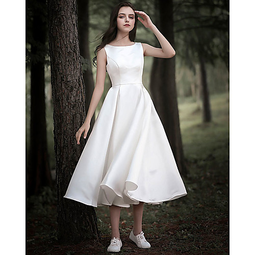 

A-Line Wedding Dresses Jewel Neck Tea Length Chiffon Over Satin Cap Sleeve Simple Casual Little White Dress with 2021