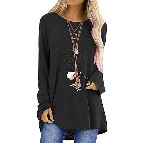 

Women's T Shirt Dress Tee Dress Short Mini Dress Blue Gray Khaki Green Black Red Long Sleeve Print Print Fall Winter Round Neck Casual Loose 2021 S M L XL XXL 3XL / Cotton / Cotton