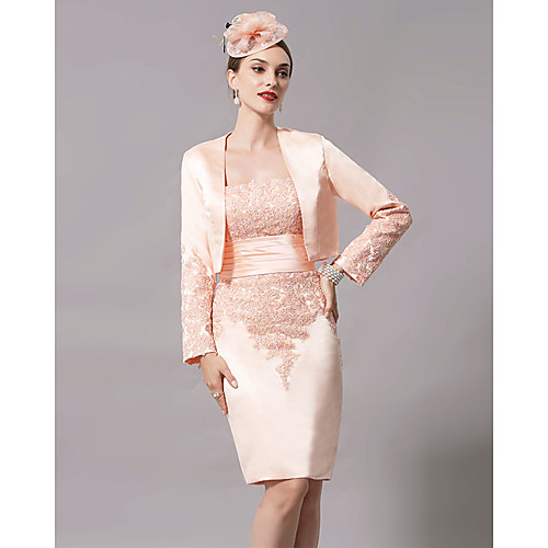 

Sheath / Column Mother of the Bride Dress Plus Size Elegant Strapless Short / Mini Polyester Long Sleeve with Lace 2021