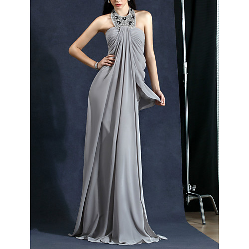 

Sheath / Column Beautiful Back Sexy Wedding Guest Formal Evening Dress Halter Neck Sleeveless Sweep / Brush Train Chiffon with Crystals Draping 2021