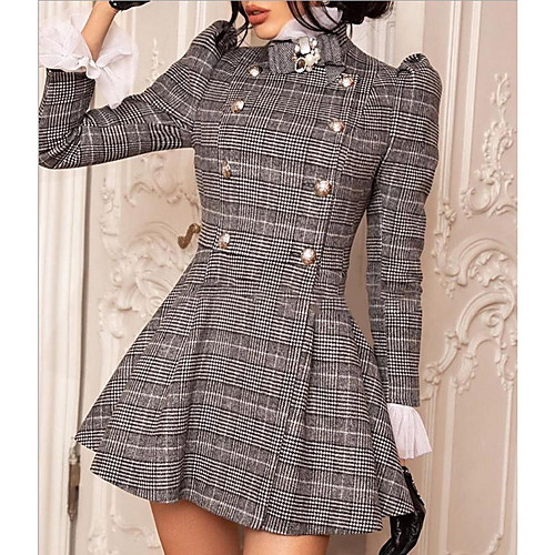 

Women's Sheath Dress Short Mini Dress Gray Long Sleeve Plaid Patchwork Print Fall Spring Round Neck Sexy Party Puff Sleeve Slim 2021 S M L XL