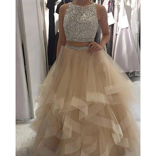 

Two Piece Luxurious Sexy Engagement Prom Dress Jewel Neck Sleeveless Floor Length Tulle with Sequin Tier 2021