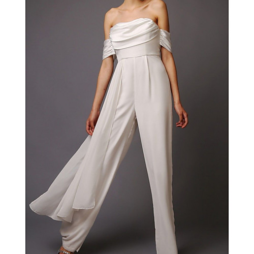 

Jumpsuits Wedding Dresses Off Shoulder Floor Length Chiffon Sleeveless Simple with Ruched 2021