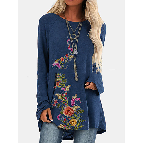 

Women's Floral Theme Tunic T shirt Floral Graphic Long Sleeve Print Round Neck Basic Tops Blue Green Navy Blue