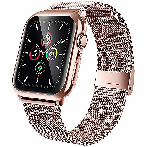 

stainless steel bands compatible with apple watch band 40mm, screen protector for iwatch series 5/4, adjustable metal magnetic strap sport bracelet loop women/men (pink gold)