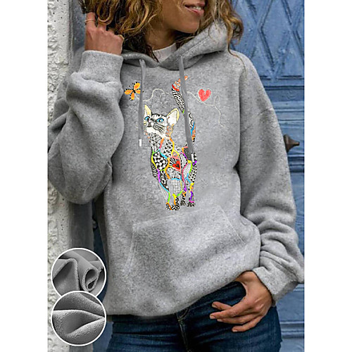 

Women's Hoodie Pullover Cartoon Cat Graphic Front Pocket Daily Basic Casual Hoodies Sweatshirts Gray / Fleece Lining