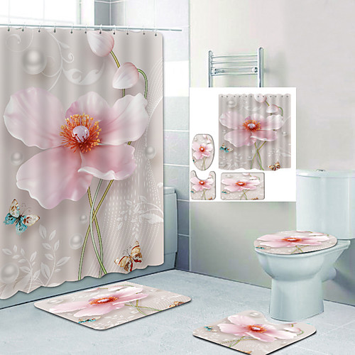 

Pink Flower Butterfly Digital Printing Four-piece Set Shower Curtains and Hooks Modern Polyester Machine Made Waterproof Bathroom
