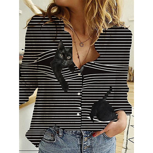 

Women's Blouse Striped Long Sleeve Print V Neck Basic Tops Black