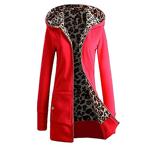 

womens casual leopard print hoodie open front long sleeve slim coat long jacket red s