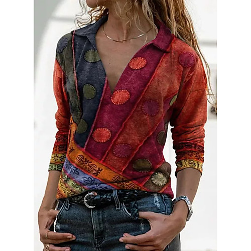 

Women's Blouse Shirt Color Block Long Sleeve Patchwork Print Shirt Collar Basic Tops Cotton White Black