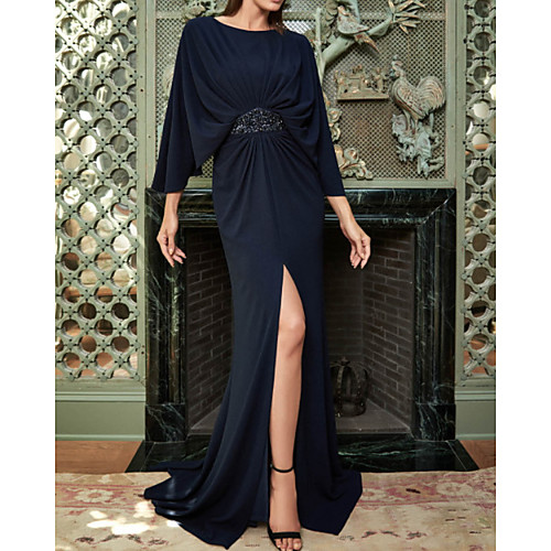 

Mermaid / Trumpet Luxurious Elegant Wedding Guest Formal Evening Dress Boat Neck Long Sleeve Sweep / Brush Train Spandex with Sash / Ribbon Beading Split 2021