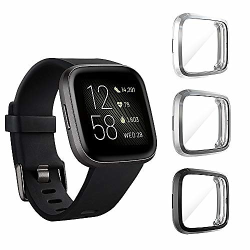 

3 pack compatible for fitbit versa 2 Smartwatch Screen Protector case, full body cover scratch resistant shock absorbing ultra slim protective for fitbit versa 2 cases (clear,black,gray)