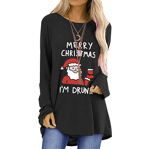 

Women's T Shirt Dress Tee Dress Short Mini Dress Blue Gray Khaki Green Black Red Long Sleeve Print Letter Print Fall Winter Round Neck Casual Christmas Loose 2021 S M L XL XXL 3XL / Cotton / Cotton