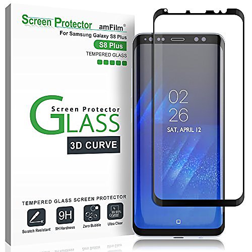 

glass screen protector for samsung galaxy s8 plus, 3d curved tempered glass, dot matrix with easy installation tray, case friendly (black)