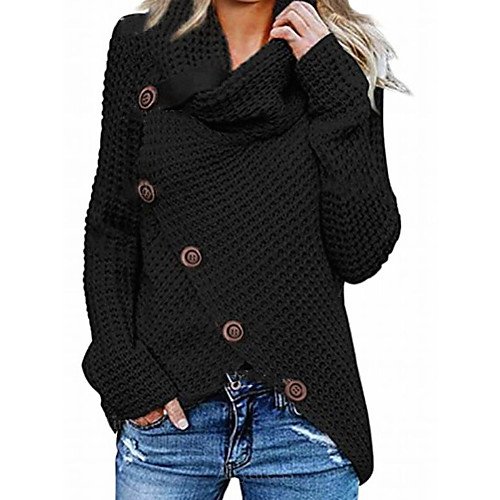 

Women's Stylish Braided Asymmetric Hem Button Solid Color Pullover Acrylic Fibers Long Sleeve Sweater Cardigans Turtleneck Fall Winter Black Red Yellow