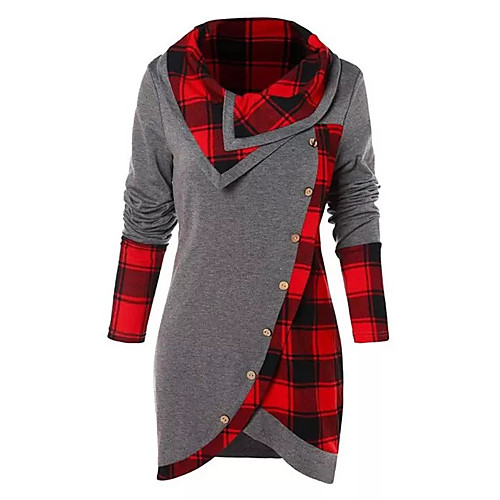 

Women's Shift Dress Short Mini Dress Gray Black Long Sleeve Plaid Patchwork Button Fall Spring Round Neck Casual 2021 M L XL XXL 3XL