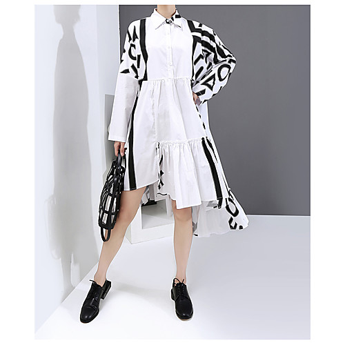 

Women's Shirt Dress Midi Dress White Long Sleeve Print Color Block Patchwork Plus High Low Print Fall Shirt Collar Casual Loose 2021 One-Size