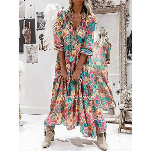 

Women's Swing Dress Maxi long Dress Rainbow Long Sleeve Print Patchwork Print Fall V Neck Casual Boho Loose 2021 S M L XL XXL
