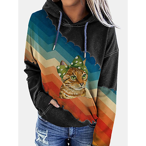 

Women's Pullover Hoodie Sweatshirt Cat Graphic 3D Front Pocket Print Daily 3D Print Basic Casual Hoodies Sweatshirts Wine Black Navy Blue