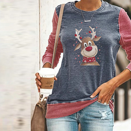 

Women's Christmas T shirt Cartoon Long Sleeve Print Round Neck Tops Christmas Basic Top Red Green Gray